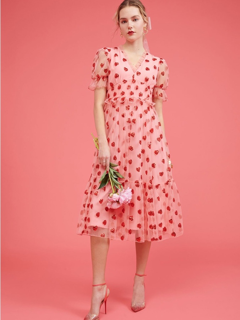 RACHEL PARCELL Sequin Heart Tulle Midi Dress S NWT